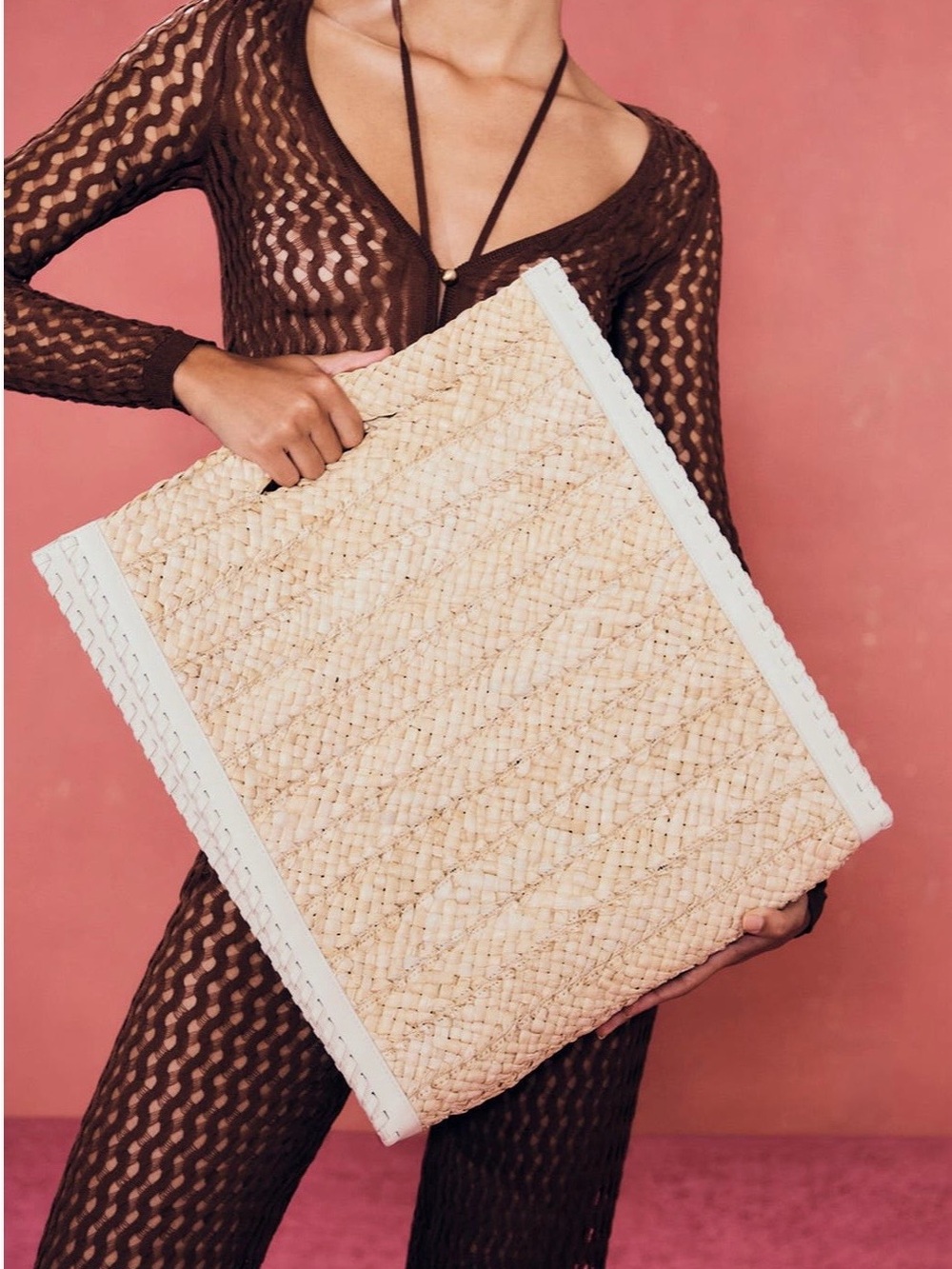 cult gaia Remi Natural Straw Tote with Cream Leather Trim